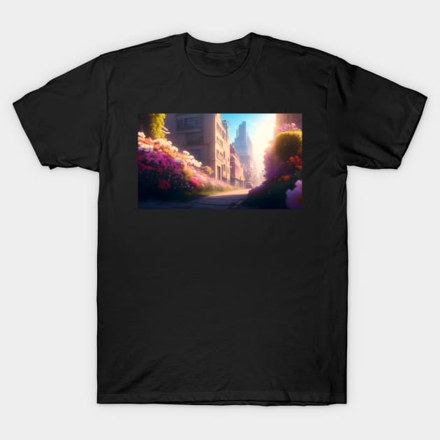 City street with beautiful flowers T-Shirt by WODEXZ